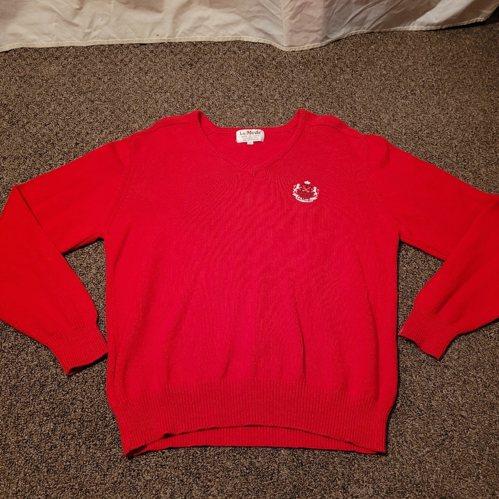 Vtg La Mode Red V Neck Cotton Golf Sweater